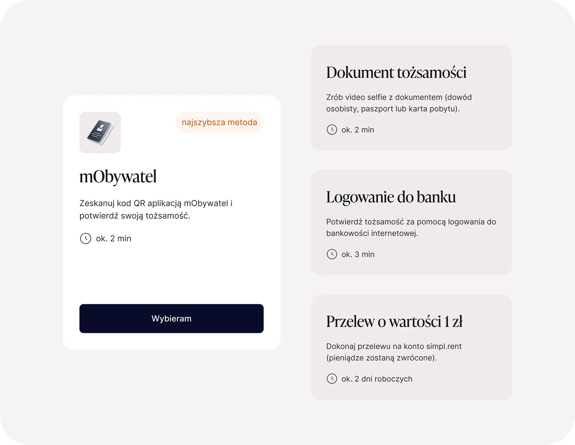 Ekran wyboru sposobu potwierdzenia tożsamości najemcy – dokument tożsamości, połączenie z kontem bankowym lub przelew o określonej wartości